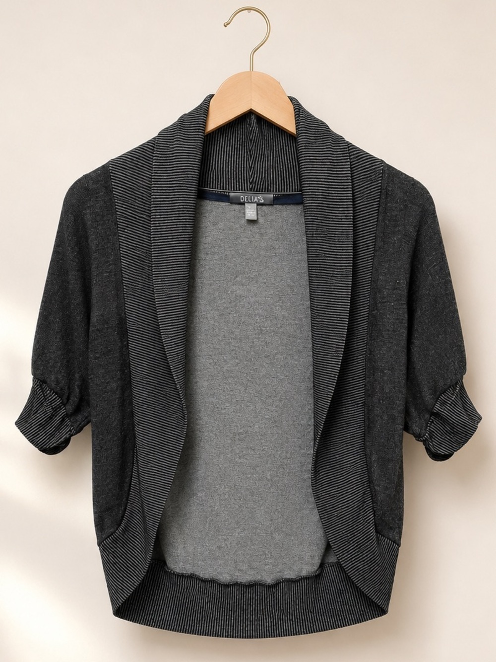 dELiA*s Vintage Charcoal Gray Open Cardigan with Ribbed Shawl Collar (320)